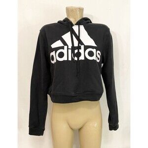Adidas Hoodie Sweatshirt L large 42" Black White Cropped Drawstring Athletic Top